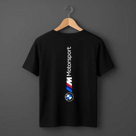 BMW M Motorsport vertical design on back of black t shirt