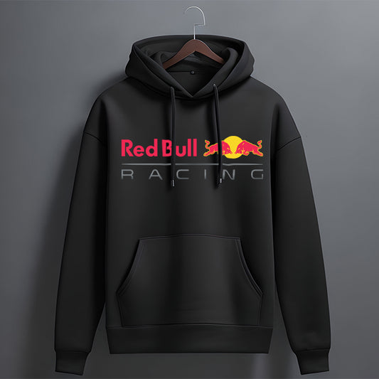 A black hoodie with the Red Bull Racing logo printed in orange on the front and the back.