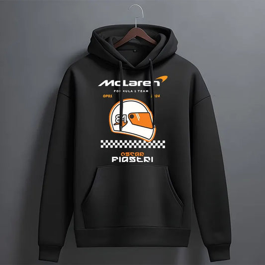 Black oversized racing hoodie front view with white and papaya orange number 81 helmet, checkered flag strip and lettering print
