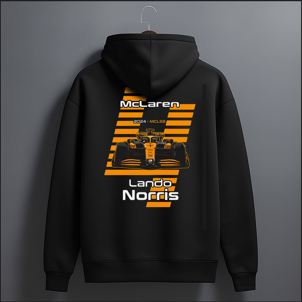 Black hoodie with McLaren Formula 1 car design on a gray background