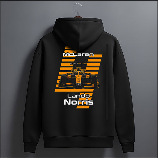 Black hoodie with McLaren Formula 1 car design on a gray background