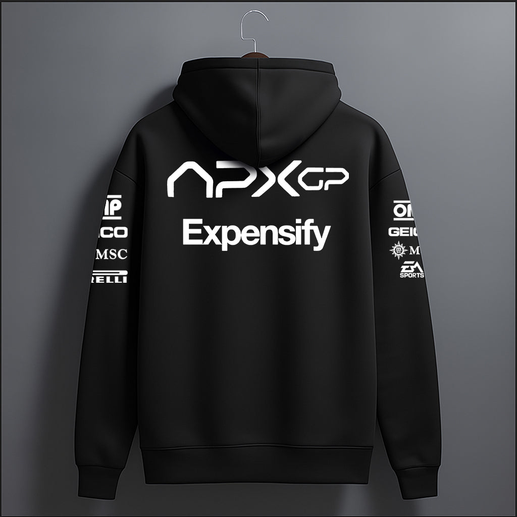Black hoodie with white branding on a gray background