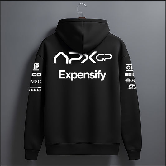 Black hoodie with white branding on a gray background