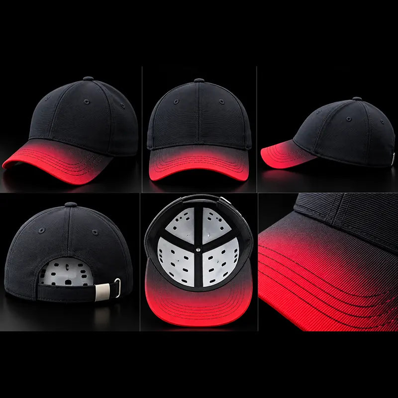 Black cap with red gradient visor, front, side, back and inside views, Loopzs Pakistan