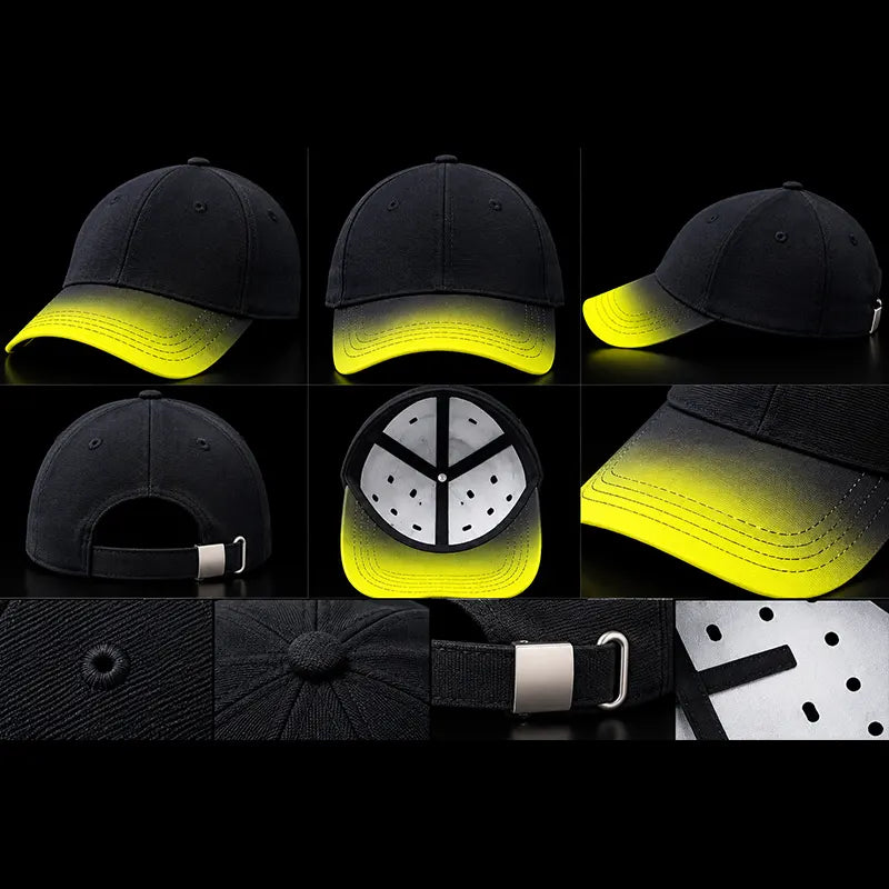 Black cap with yellow gradient visor, front, side, back, inside and detail views, Loopzs Pakistan