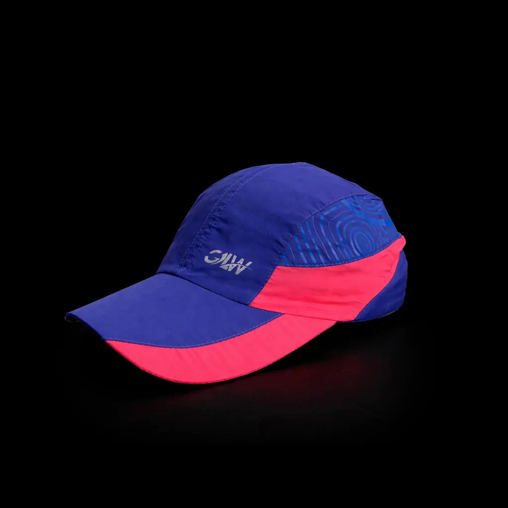 Blue and pink cap with a logo on a black background