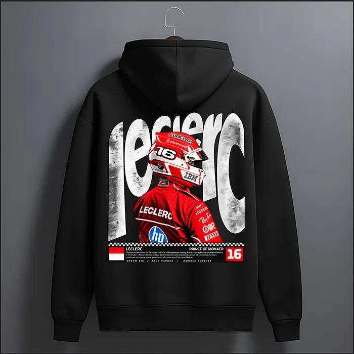 Black Charles Leclerc 16 Prince of Monaco graphic hoodie with large Leclerc back print and driver portrait – back view, The Loopzs