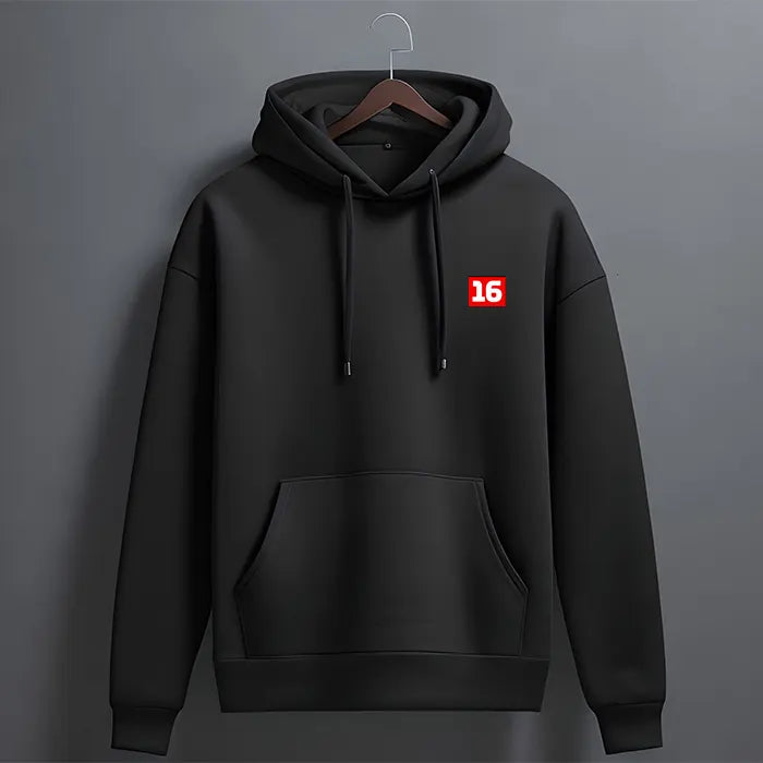 Black hoodie with red number 16 badge on front chest – front view, The Loopzs