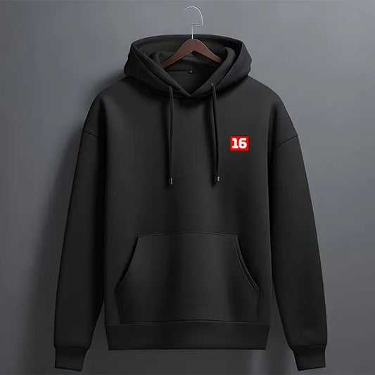 Black hoodie with red number 16 badge on front chest – front view, The Loopzs