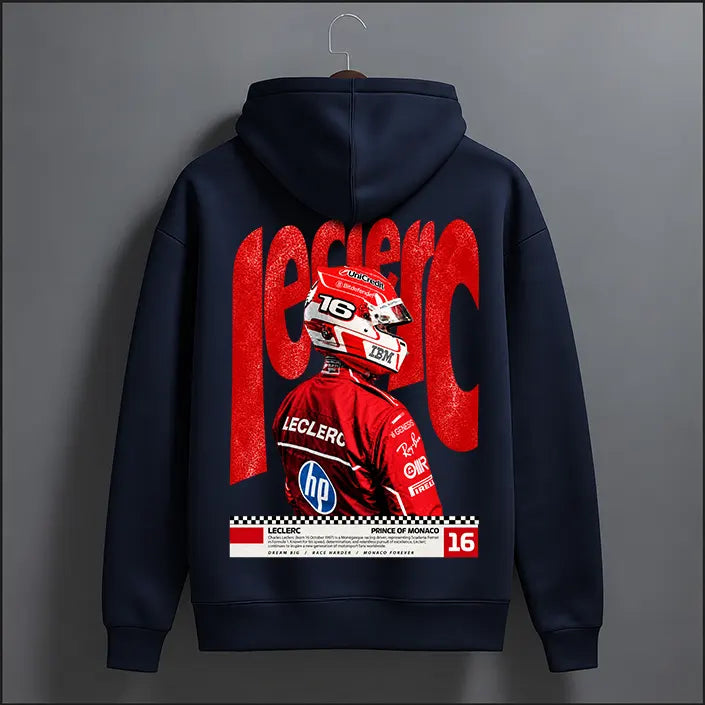 Navy blue Charles Leclerc 16 Prince of Monaco graphic hoodie with red Leclerc back print and driver portrait – back view, The Loopzs