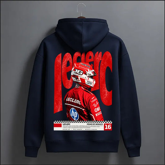 Navy blue Charles Leclerc 16 Prince of Monaco graphic hoodie with red Leclerc back print and driver portrait – back view, The Loopzs