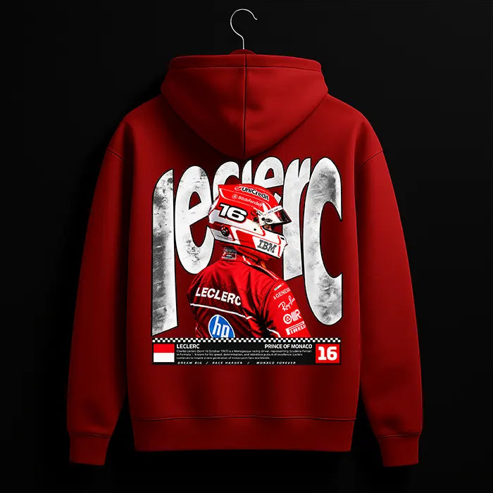 Red Charles Leclerc 16 Prince of Monaco graphic hoodie with large Leclerc back print and driver portrait – back view, The Loopzs
