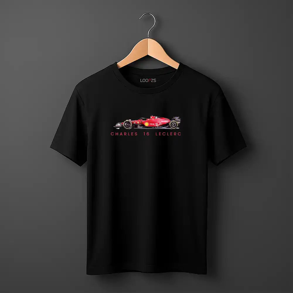 Black t-shirt with a red Formula 1 car graphic and text on a gray background