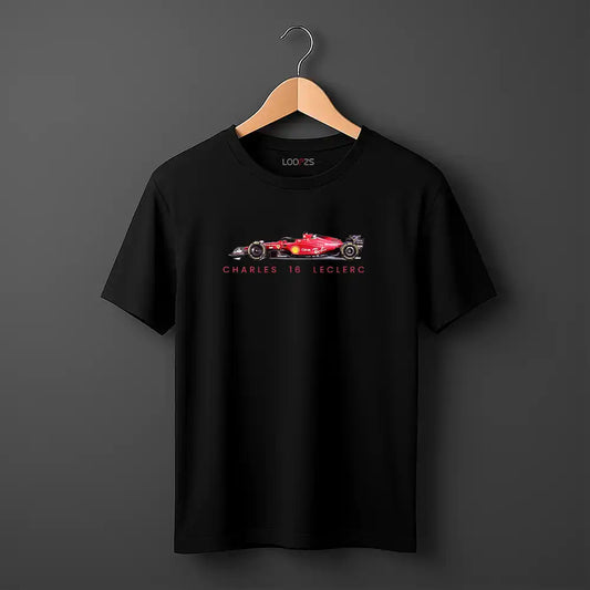 Black t-shirt with a red Formula 1 car graphic and text on a gray background