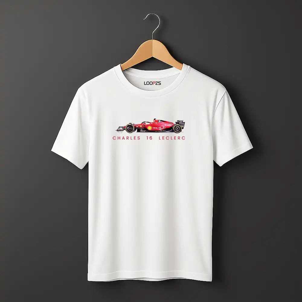 White t-shirt with a Formula 1 car graphic and text on a gray background