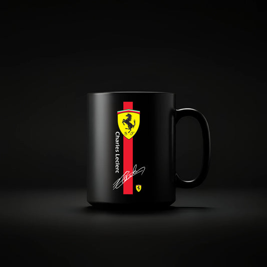 Charles Leclerc Ferrari Mug and branding on a black background