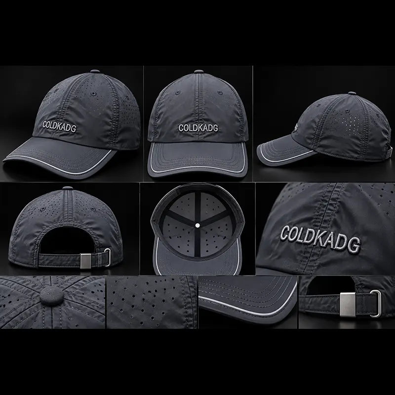 Grey quick-dry sports cap front, side, back, inside and detail views, Loopzs Pakistan