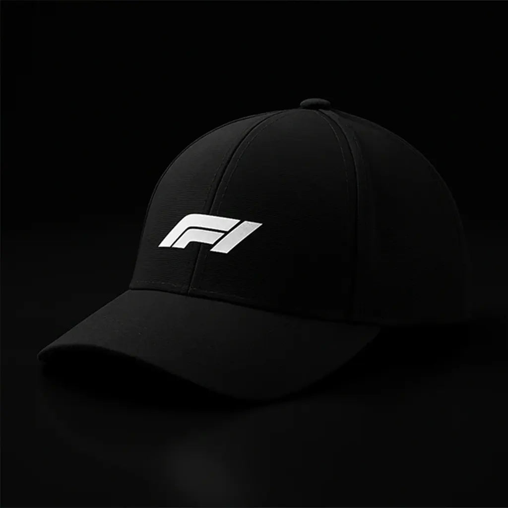 Black cap with a white logo on a black background