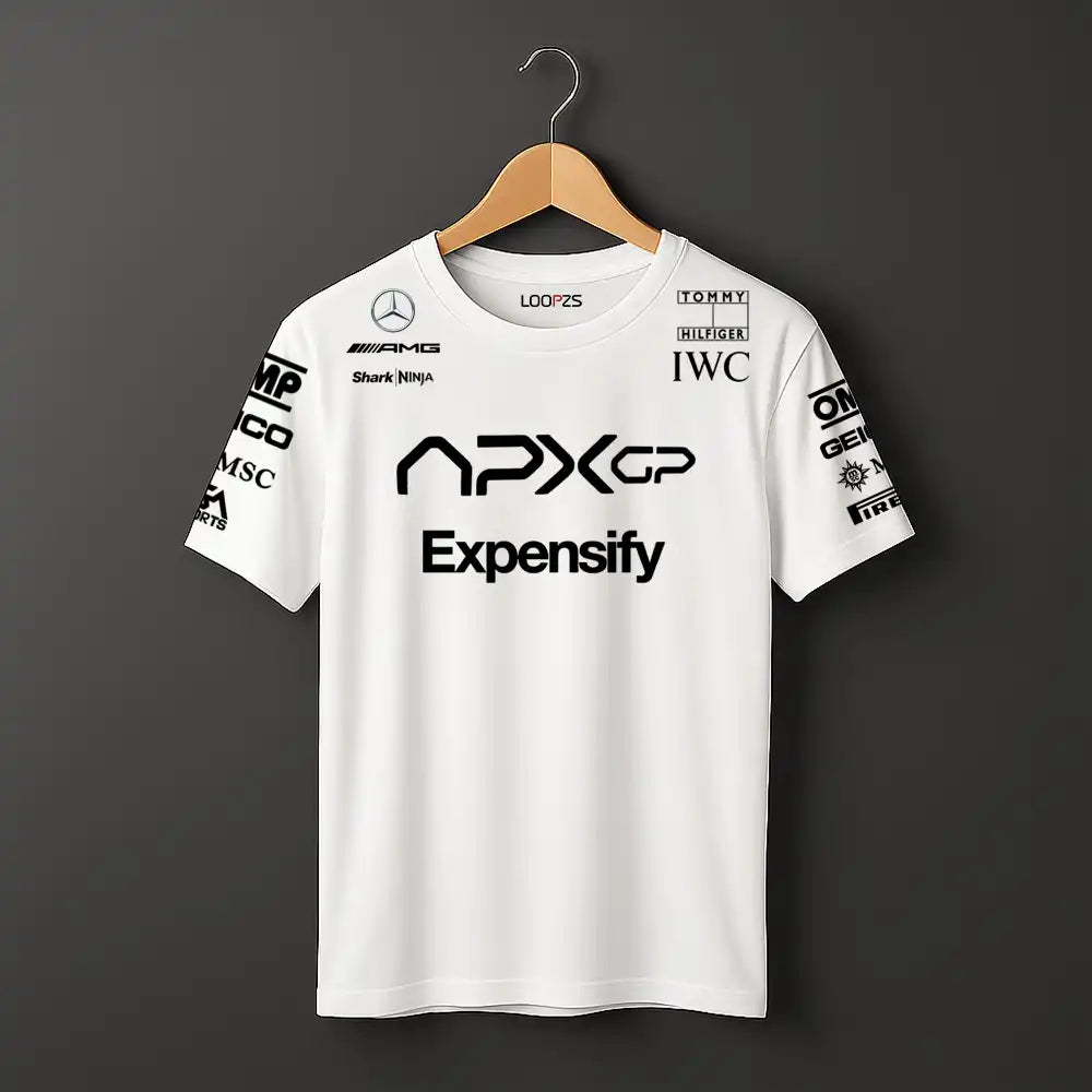 White t-shirt with black logos on a wooden hanger against a dark background