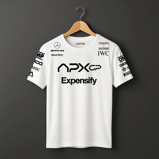 White t-shirt with black logos on a wooden hanger against a dark background