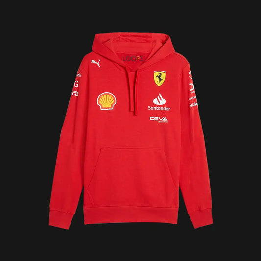 Red Ferrari F1 Team hoodie with Shell, Puma, and Santander logos on the front.