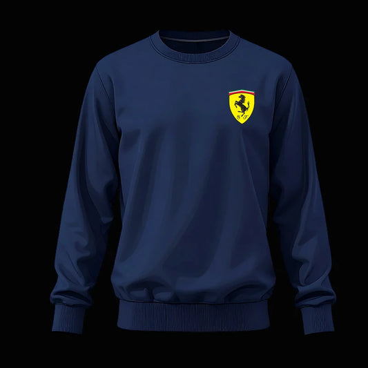 Navy blue sweatshirt with a yellow and red logo on a black background