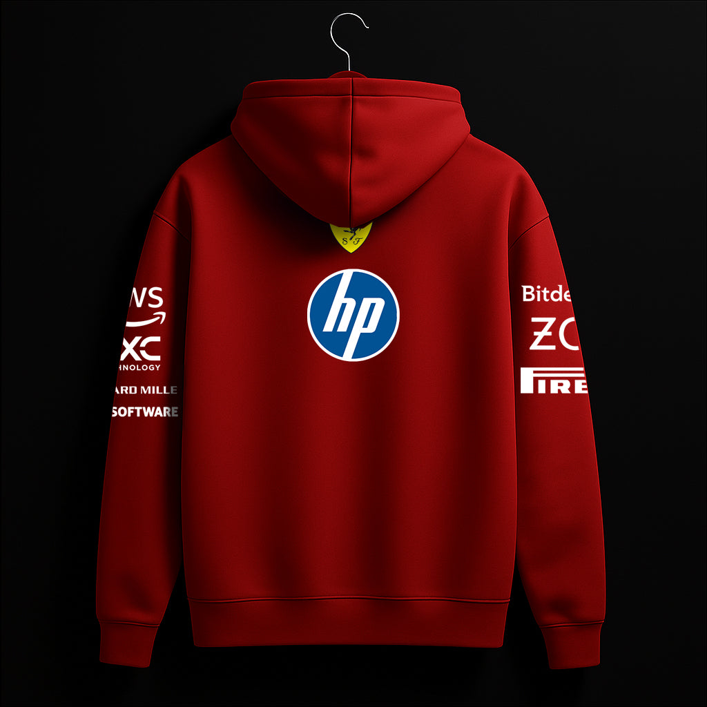 Red hoodie with HP logo on a black background