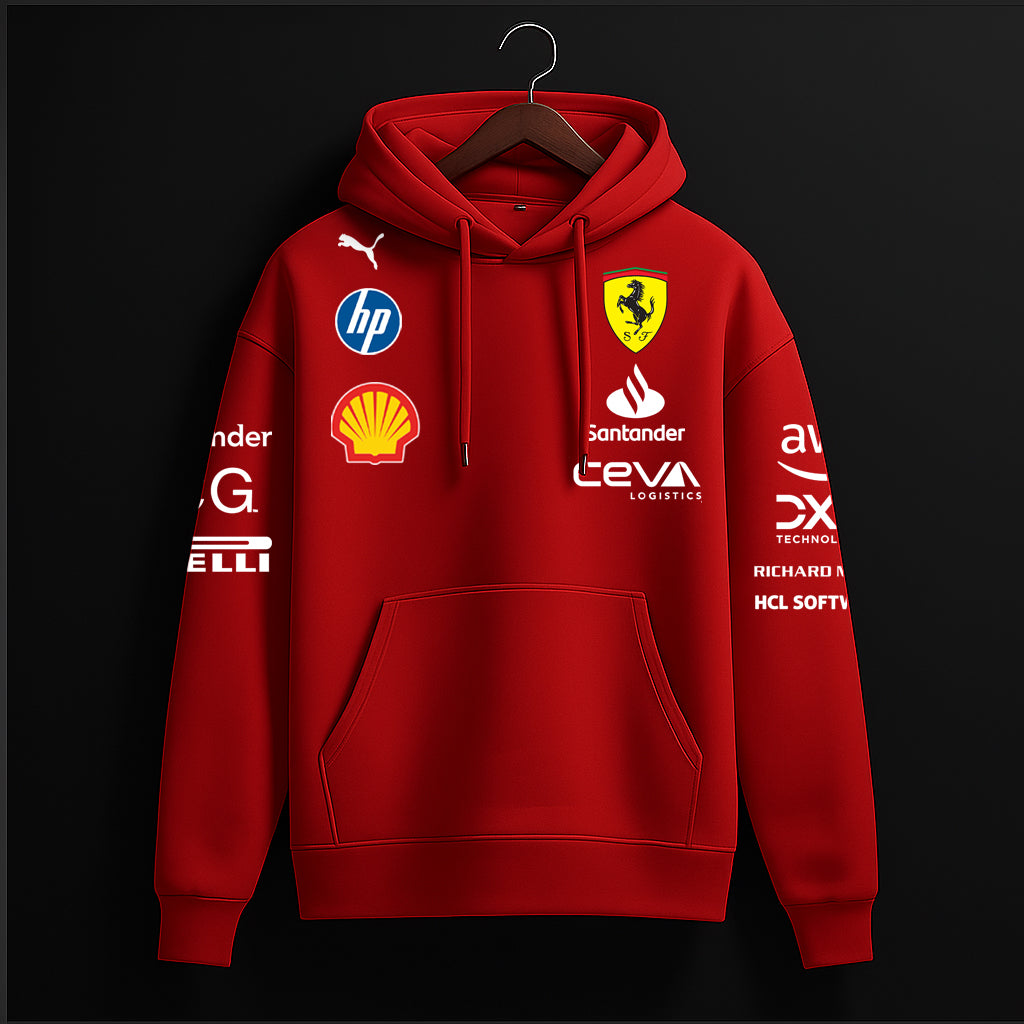 Red hoodie with various logos on a black background