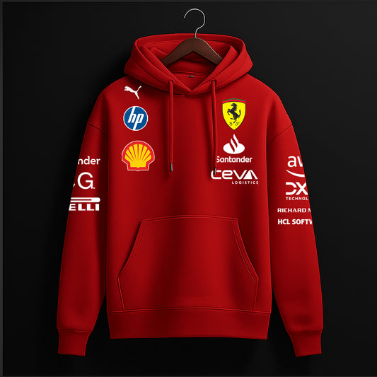 Red hoodie with various logos on a black background