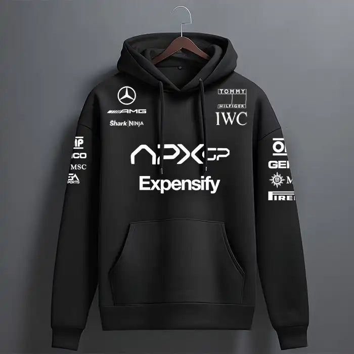 Black hoodie with various logos on a gray background