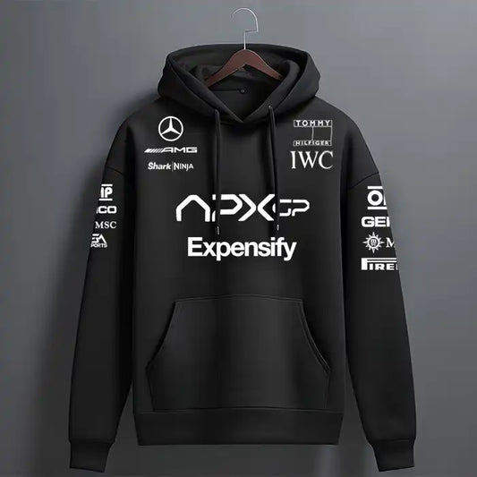Black hoodie with various logos on a gray background