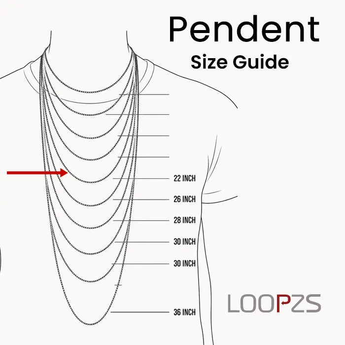 A size guide diagram showing a line drawing of a neck and upper chest with multiple pendant chain lengths labeled in inches, including 22, 26, 28, 30, and 36 inch measurements. A red arrow points to one of the chain layers.
