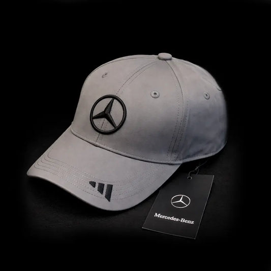 Gray cap with Mercedes-Benz logo on a black background