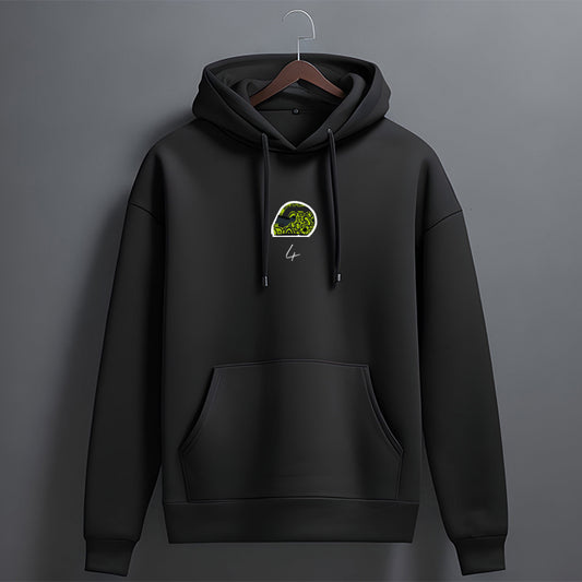 Black hoodie with a logo on a gray background