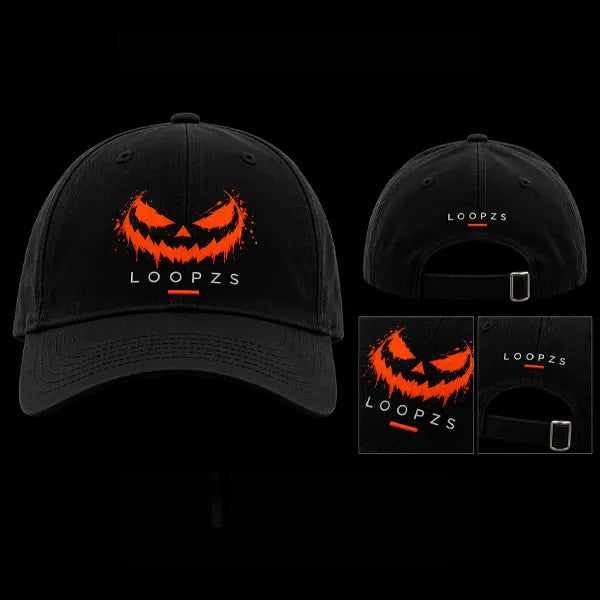 Halloween pumpkin face black adjustable cap with orange and white Loopzs print, Pakistan