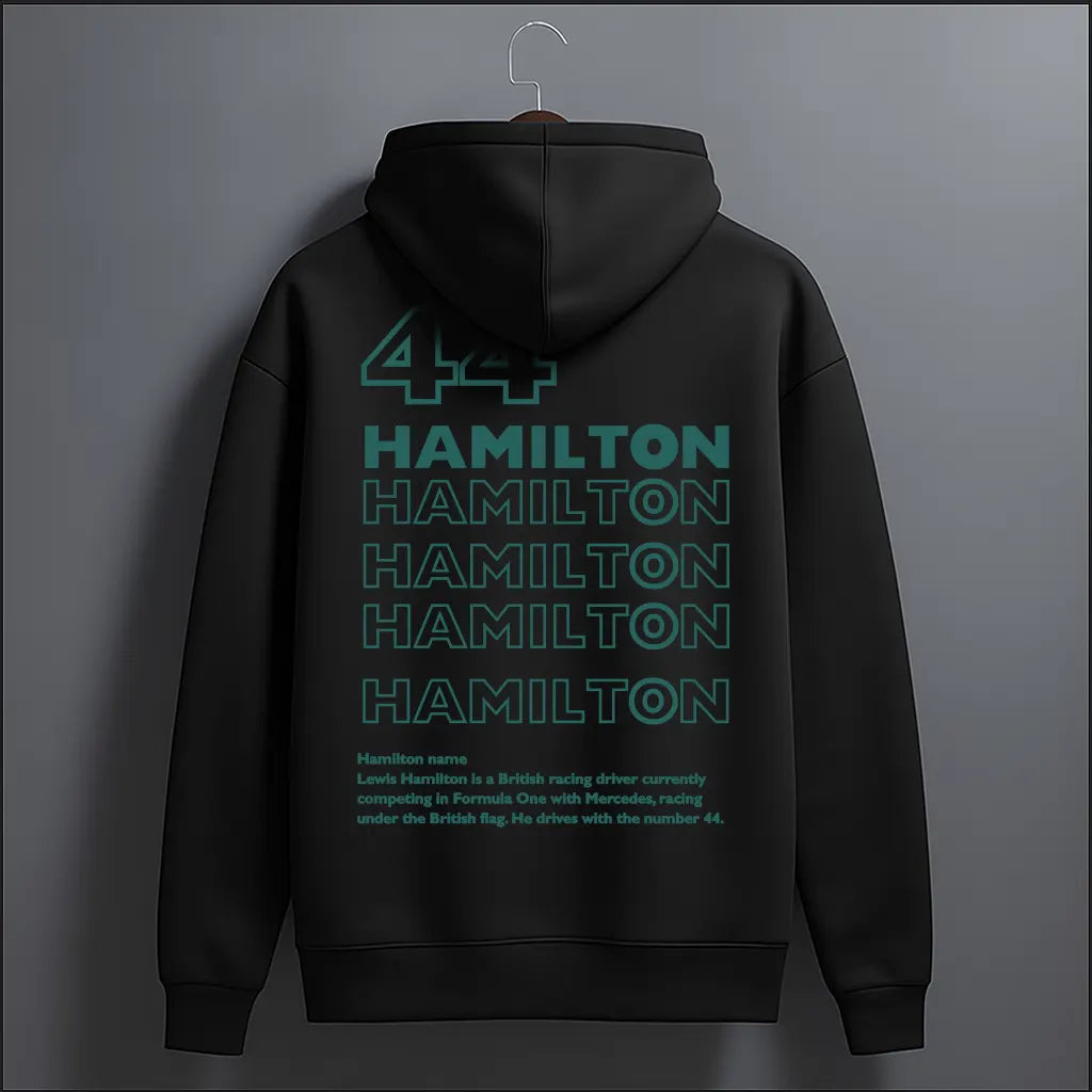 Black oversized racing hoodie back view with green outline number 44 and stacked green typography print