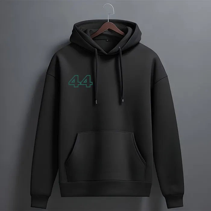 Black oversized racing hoodie front view with small green outline number 44 on the chest and kangaroo pocket