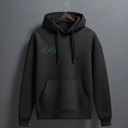 Black oversized racing hoodie front view with small green outline number 44 on the chest and kangaroo pocket