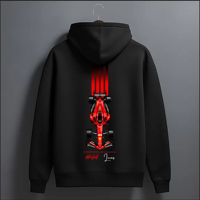 Black Lewis Hamilton 44 red racing car stripes graphic hoodie with Lewis script signature – back view, The Loopzs