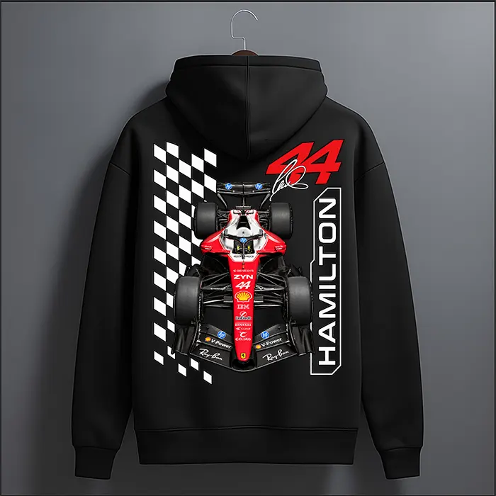 Black Lewis Hamilton 44 checkered flag graphic hoodie with red racing car back print – back view, The Loopzs