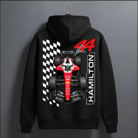 Black Lewis Hamilton 44 checkered flag graphic hoodie with red racing car back print – back view, The Loopzs