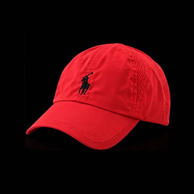 A bright red baseball cap featuring the black embroidered Polo Ralph Lauren polo player logo on the front, set against a solid black background.