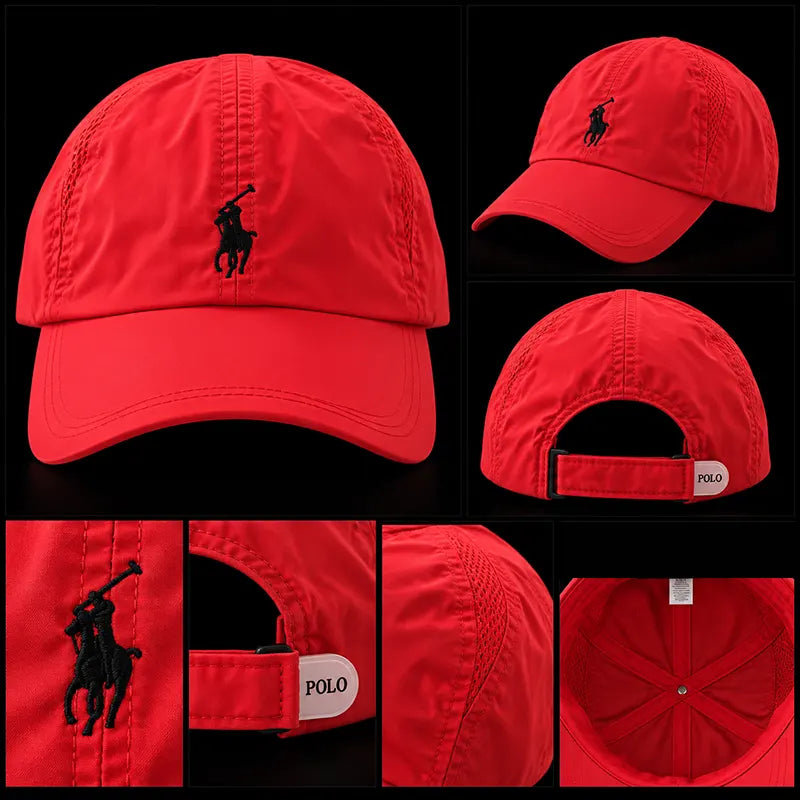 A red baseball cap shown in multiple views on a black background, featuring a black embroidered Polo pony logo on the front and side, with a close-up of the adjustable back strap labeled POLO.