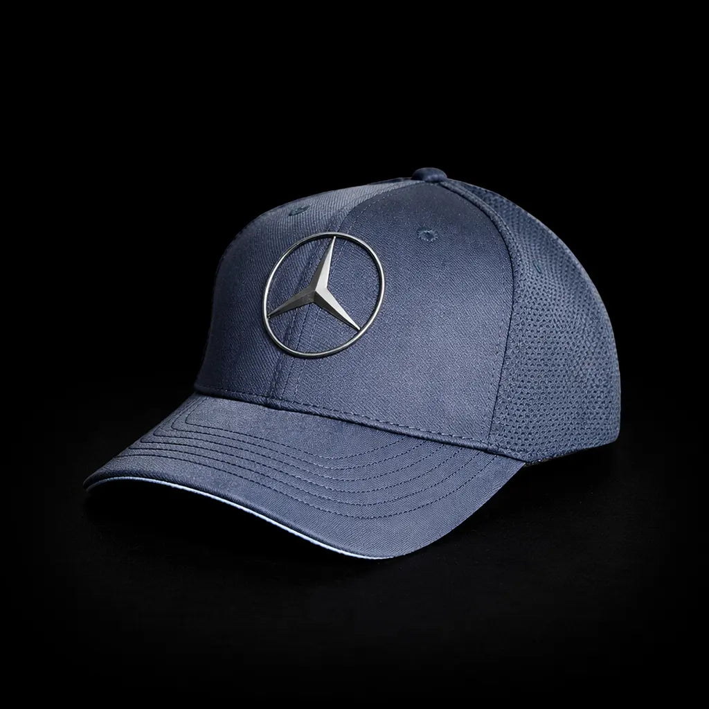 Blue cap with Racing Collection-Benz logo on a black background