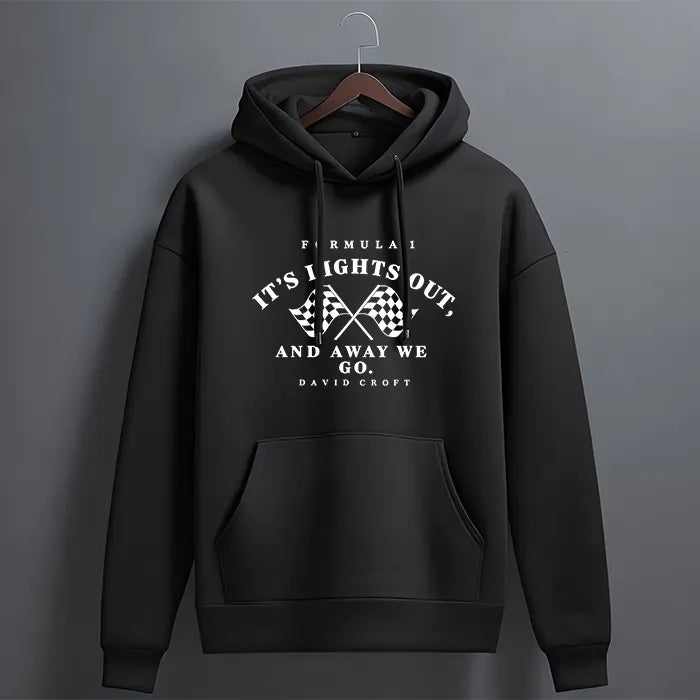 Black hoodie with white crossed checkered flags and 'It's lights out and away we go' racing quote print – front view, The Loopzs