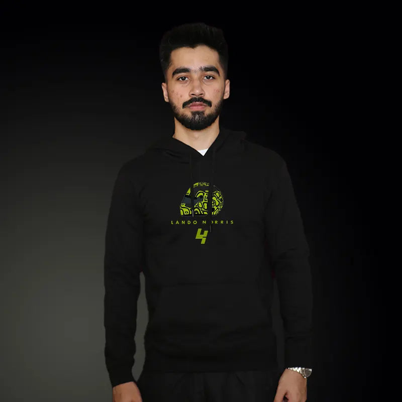 Lando-Norris-Helmet hoodie in black wearng by male