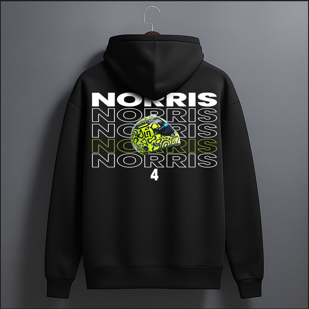 Black hoodie with 'NORRIS' text and logo on a gray background