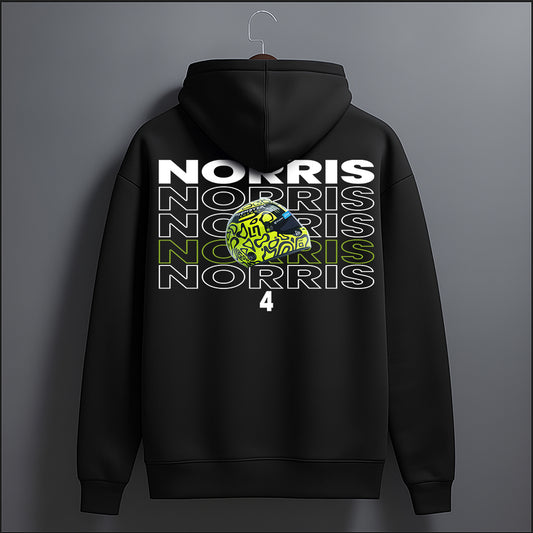 Black hoodie with 'NORRIS' text and logo on a gray background