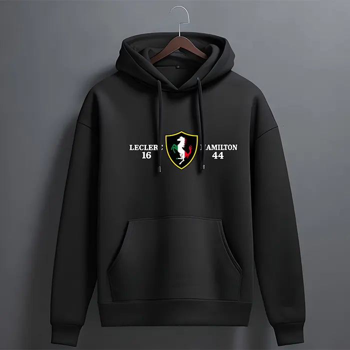 Black number 16 and number 44 graphic hoodie with shield crest – front view, The Loopzs