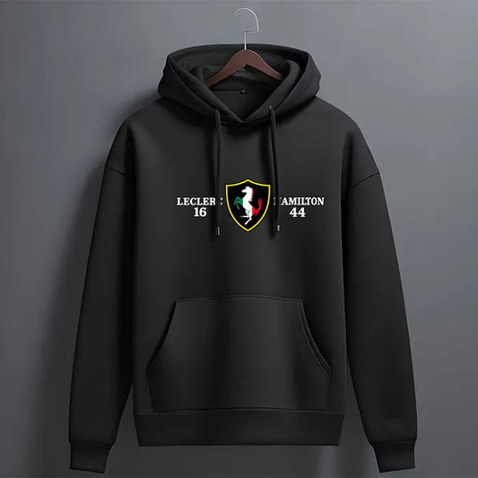 Black Leclerc 16 Hamilton 44 graphic hoodie with shield crest – front view, The Loopzs